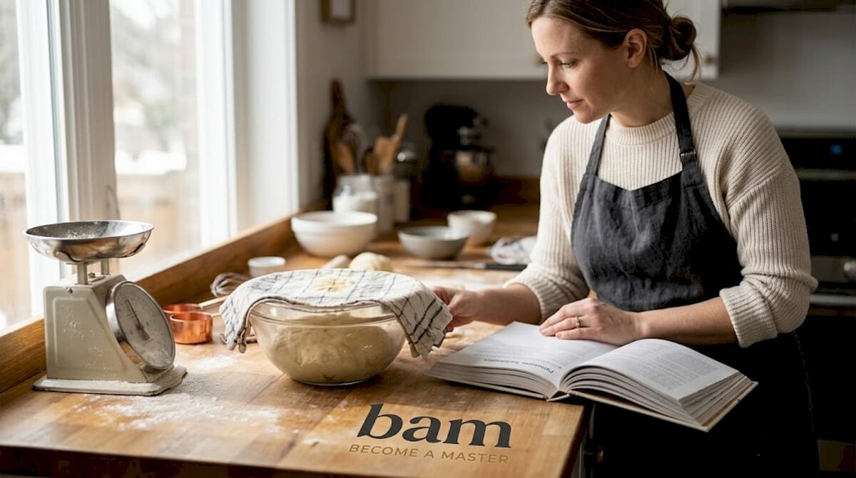 Baker consulta la ricetta dei croissant durante la preparazione