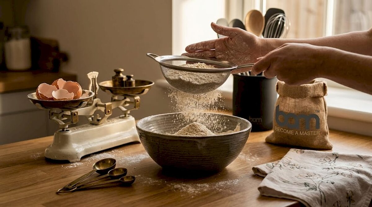Primo piano: setacciatura della farina di mandorle e di avena