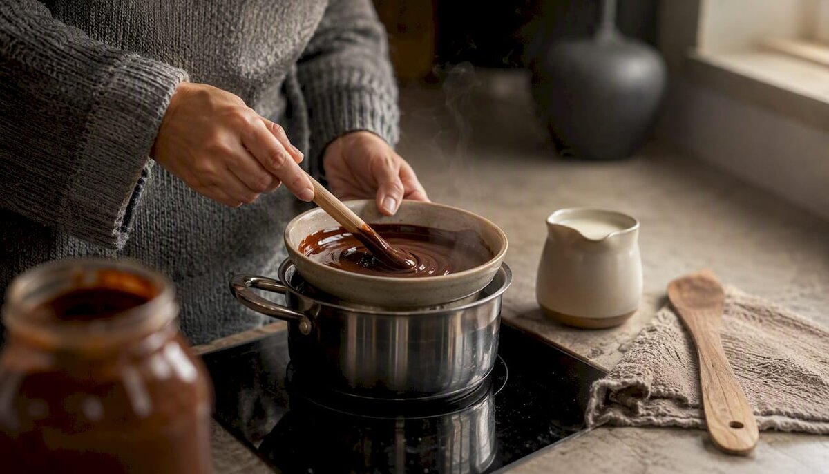 Mescolare la ganache alla crema di nussnougat a bagnomaria