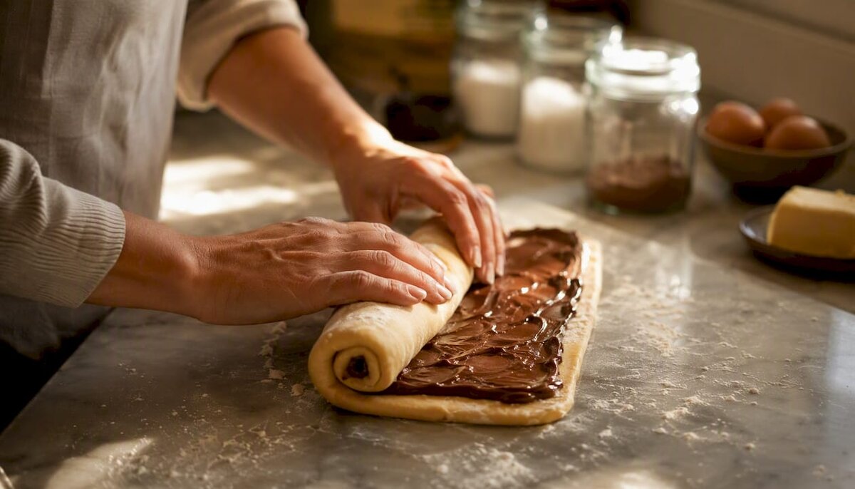 Mani che stendono l’impasto della brioche con ripieno di crema al nussnougat