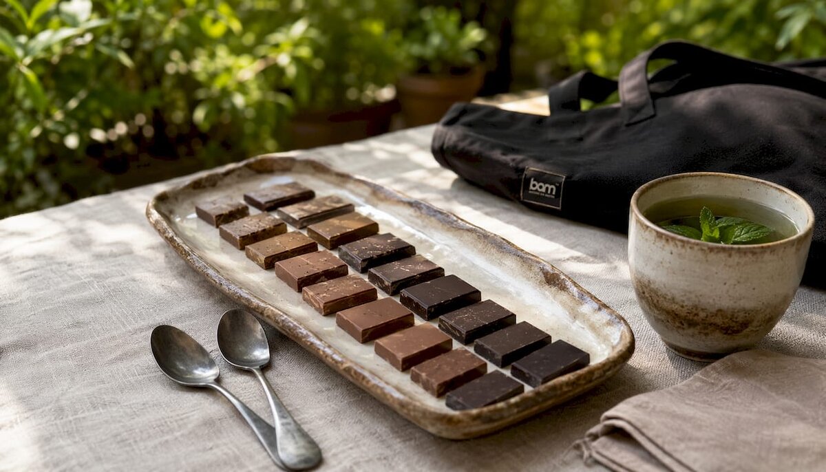 Primo piano di pastiglie di cioccolato da degustazione già porzionate