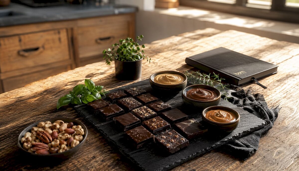 Primo piano su quadratini di cioccolato fondente e burro di noci