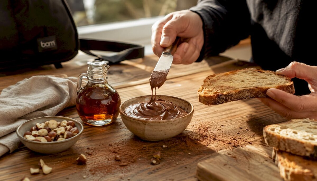 Spalmare il cioccolato al burro di noci sul toast dall'alto verso il basso