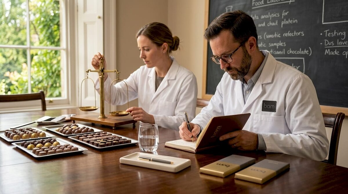 Scienziati che analizzano campioni di cioccolato in laboratorio