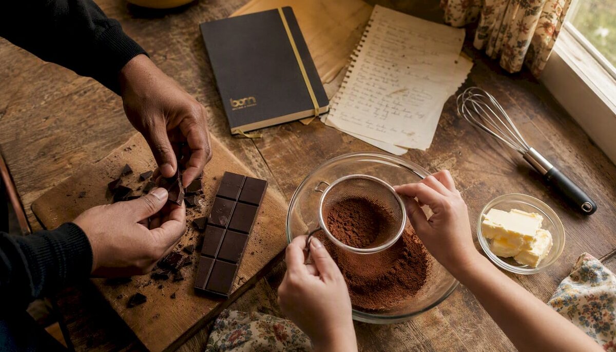 Mani che preparano gli ingredienti per un dolce al cioccolato fondente