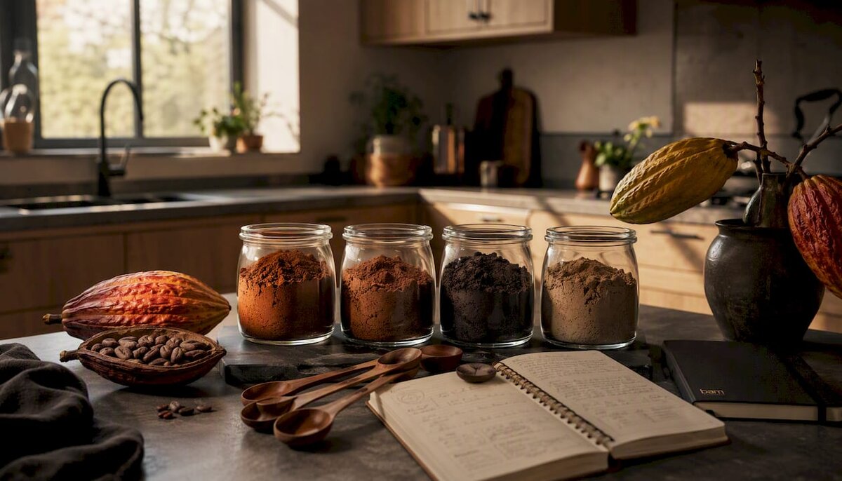 Quattro tipi di cacao in polvere in ciotole appese sopra la testa