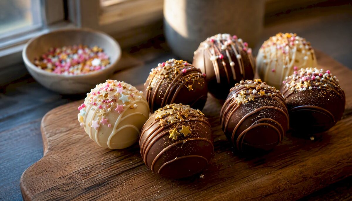 Bombe di cioccolata calda decorate su un piatto rustico