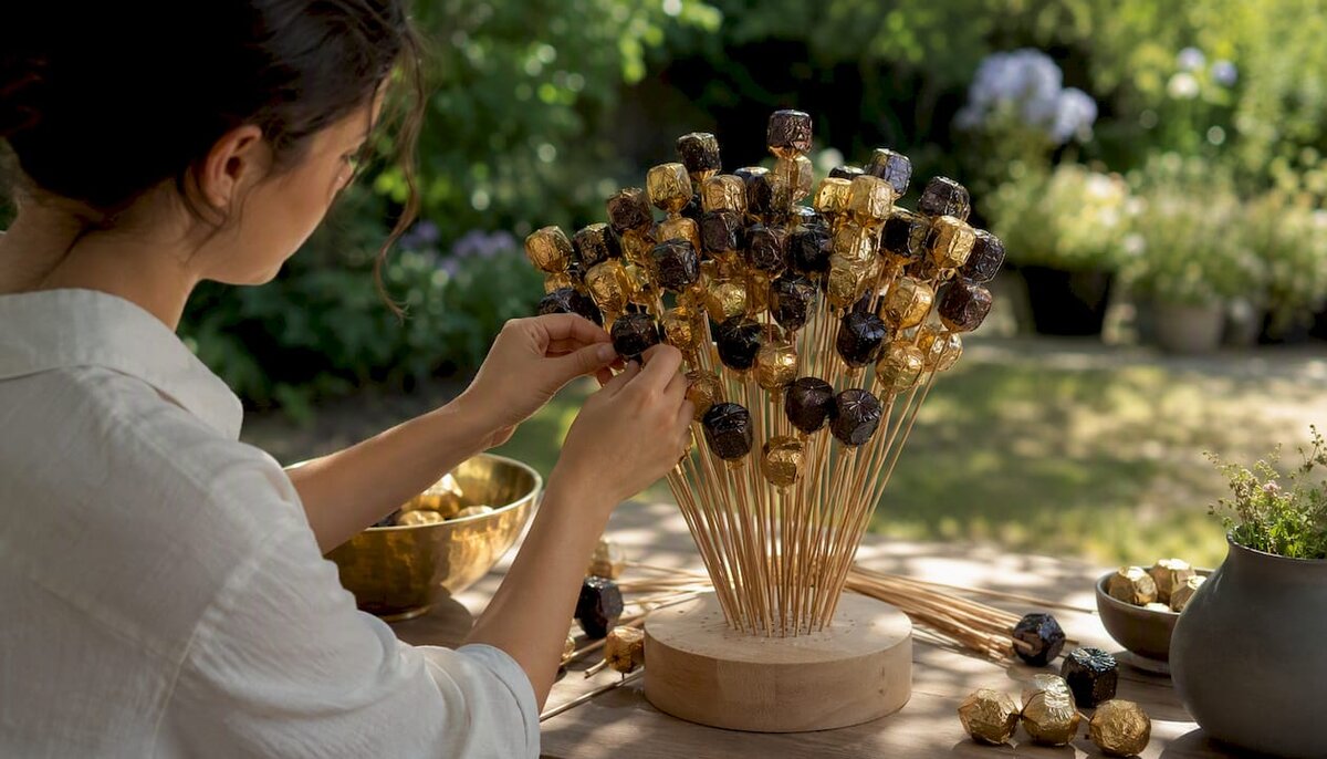 Composizione manuale di un bouquet di cioccolatini su una base di schiuma
