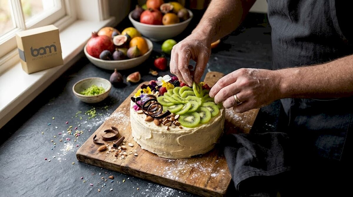 Mani che dispongono frutta e noci su una torta