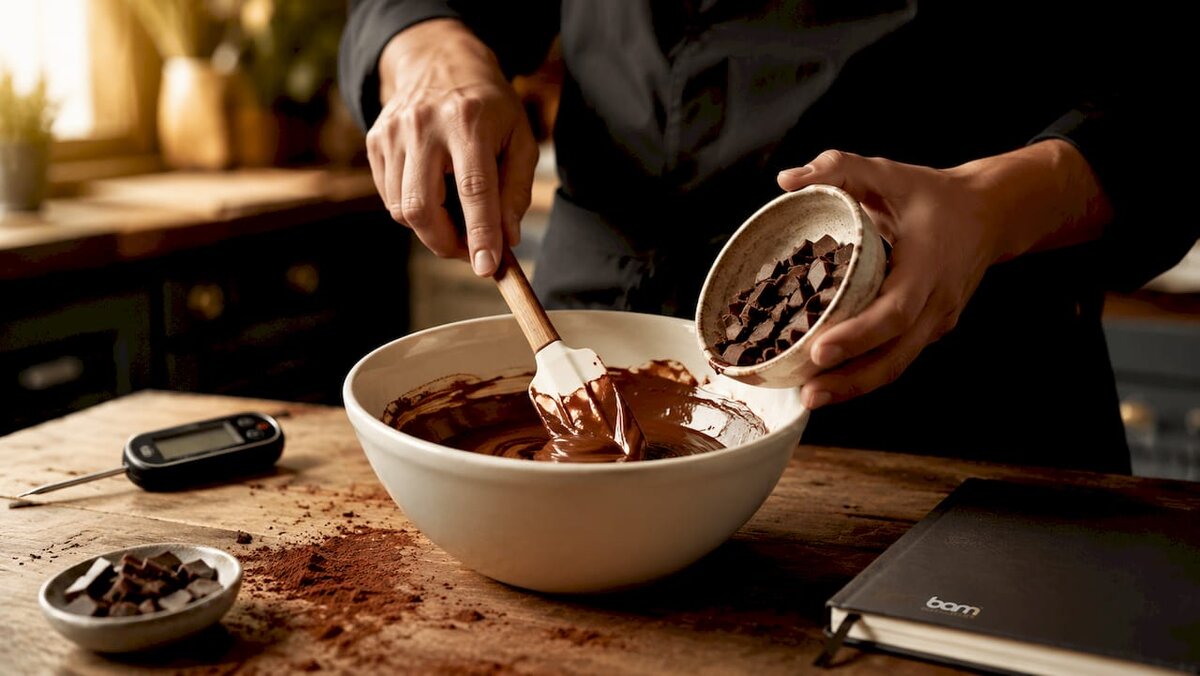 Mani che versano cioccolato fuso in una ciotola