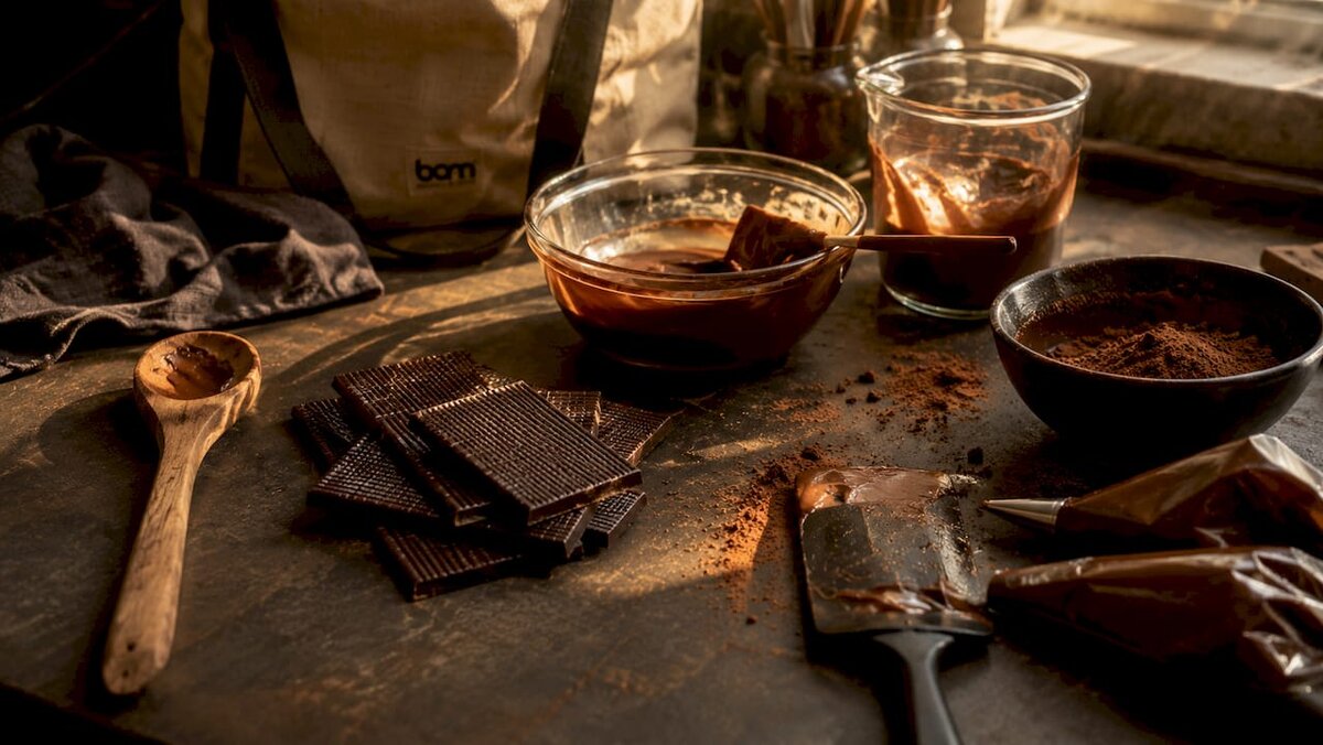 Vista dall'alto degli strumenti e dei materiali per la preparazione del cioccolato