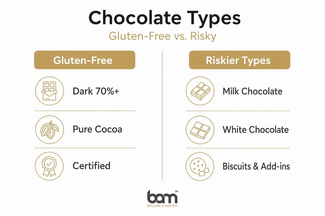 Infografica che mette a confronto i tipi di cioccolato senza glutine e quelli a rischio