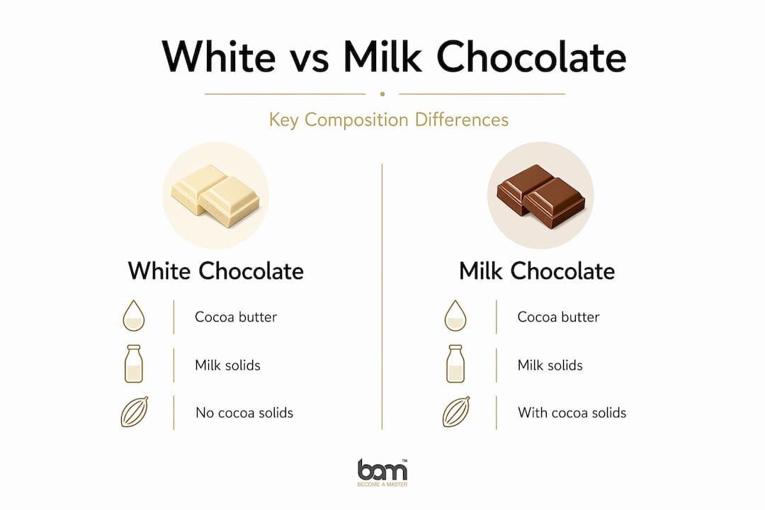 Infografica che mette a confronto gli ingredienti del cioccolato bianco e di quello al latte