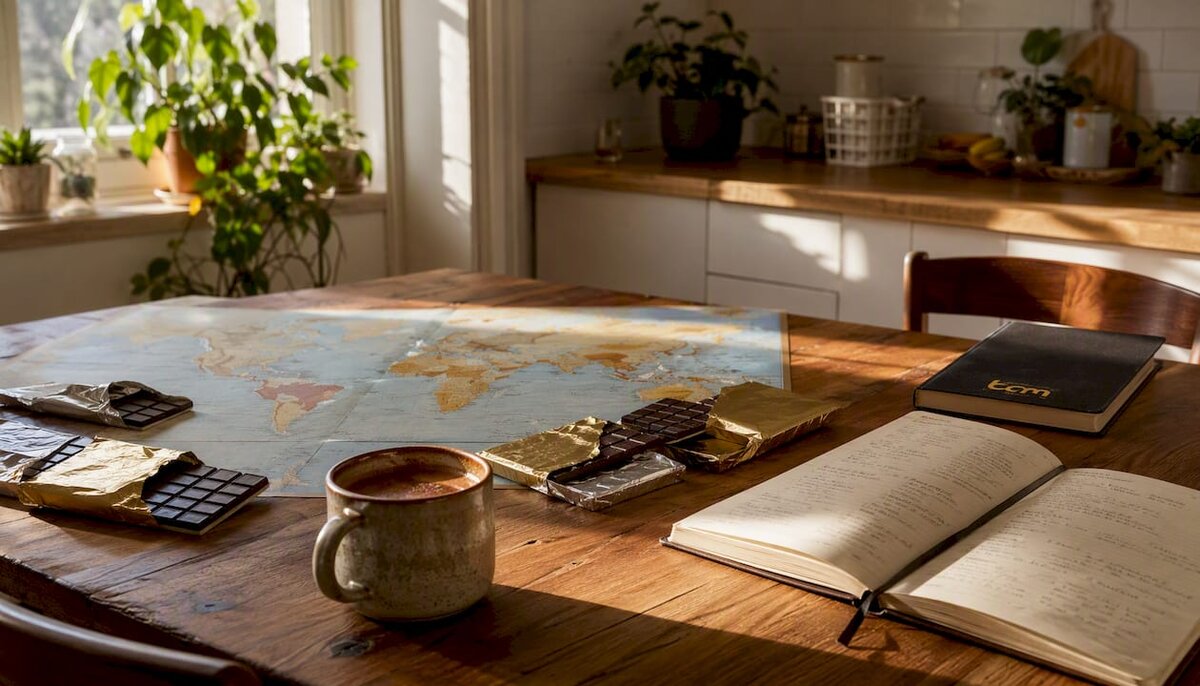 Barrette di cioccolato e mappa delle origini del cacao sul tavolino da salotto