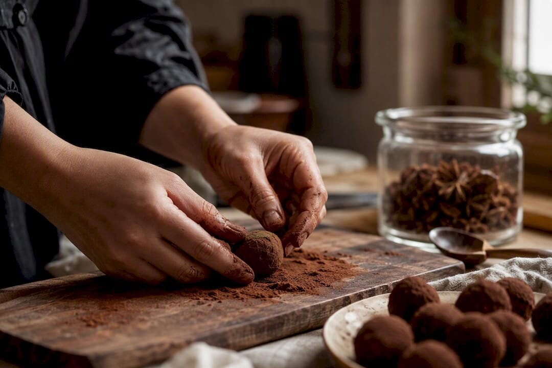 Mani che rotolano un tartufo nel cacao in polvere