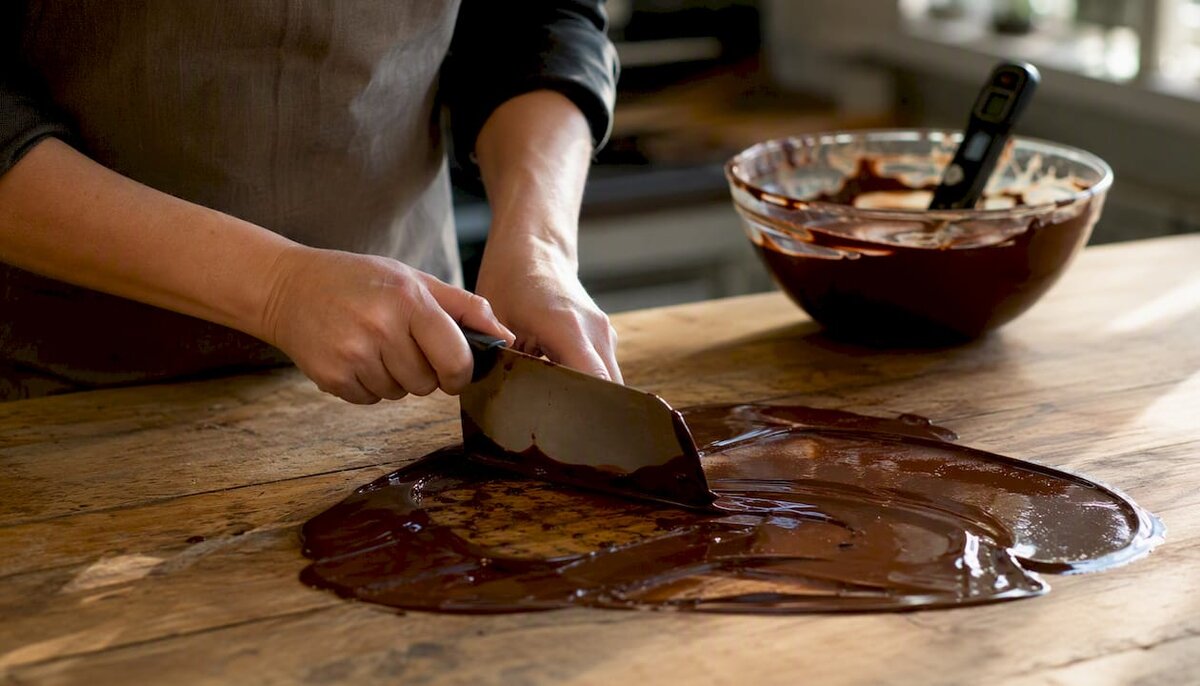 Mani che temperano il cioccolato su una lastra di marmo