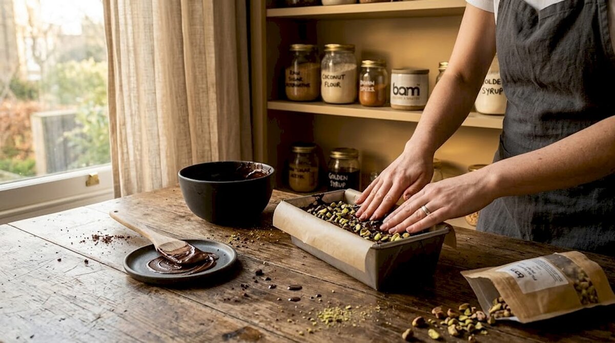 Mani intente a preparare un dolce al cioccolato senza cottura e senza zucchero