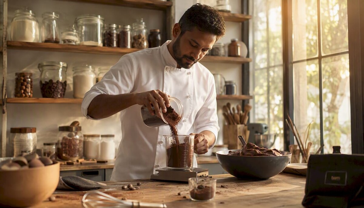 Mani che dosano diverse varietà di cacao in polvere in una pasticceria