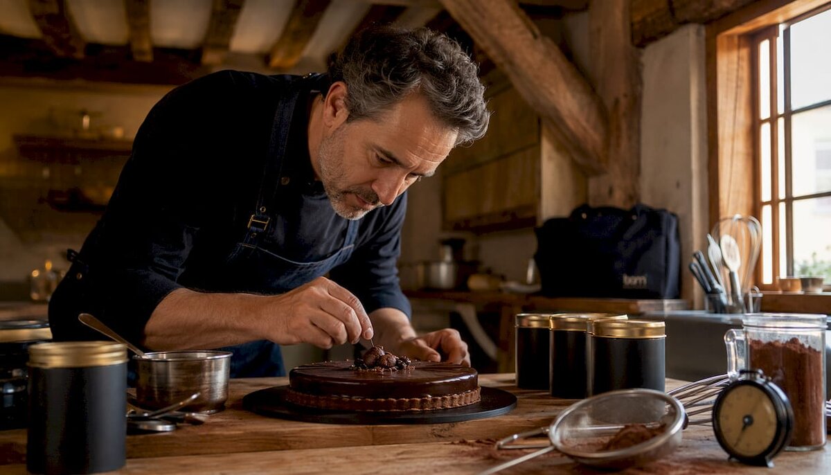 Pasticcere che guarnisce una crostata alla ganache con una spolverata di cacao