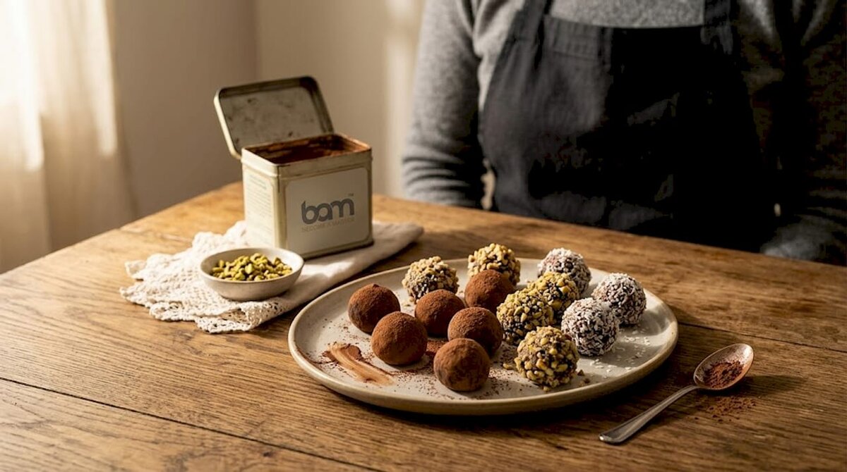Tartufi al cioccolato assortiti con cacao e frutta secca