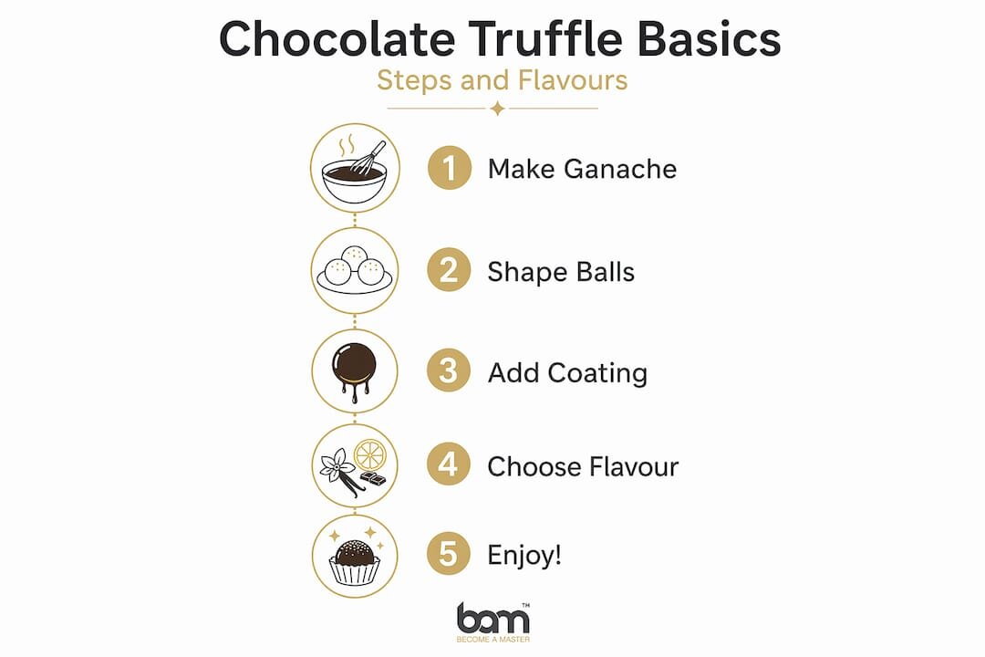 Infografica che illustra le fasi di preparazione e i gusti dei tartufi al cioccolato