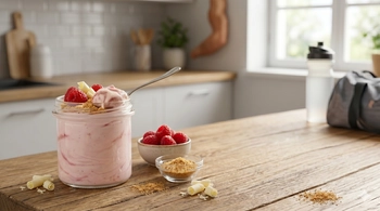 Budino proteico Cheesecake ai lamponi, con dolcificante
